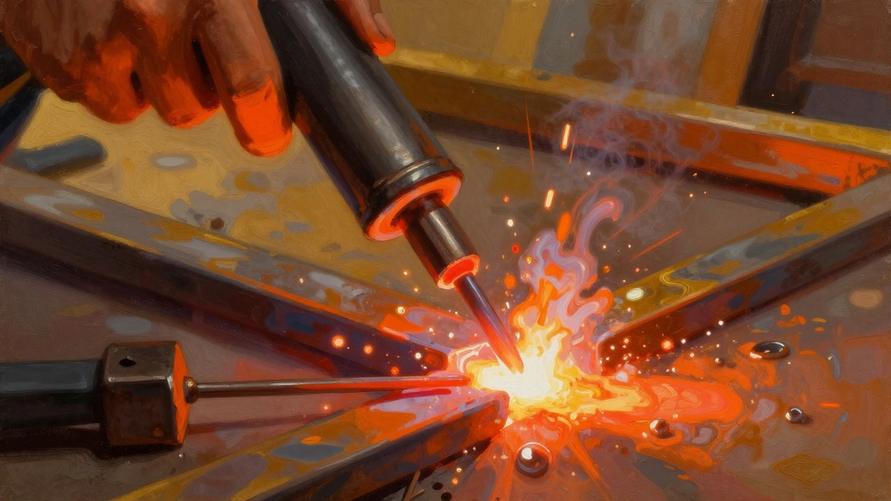 Крупный план сварочного электрода с расплавленным покрытием и каплями расплавленного металла.