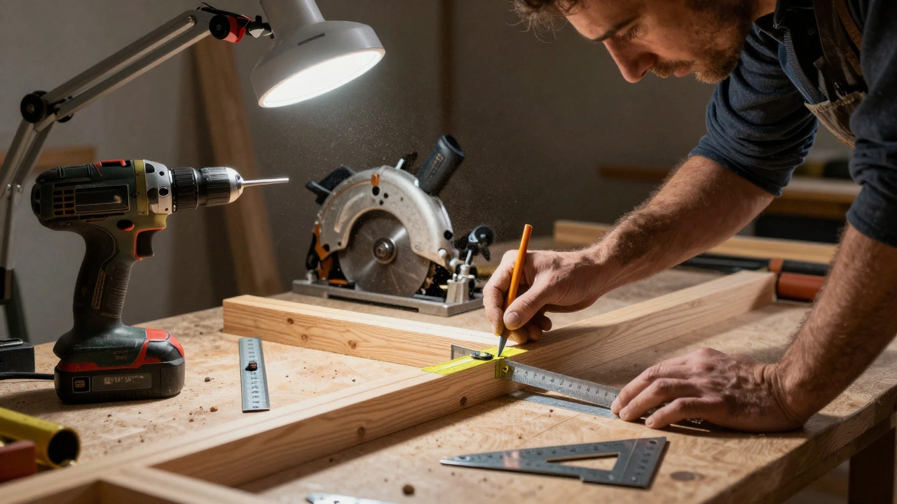 Мастер размечает деревянную конструкцию с помощью лазерного уровня и металлического угольника, на столе видны шуруповерт и циркулярная пила.