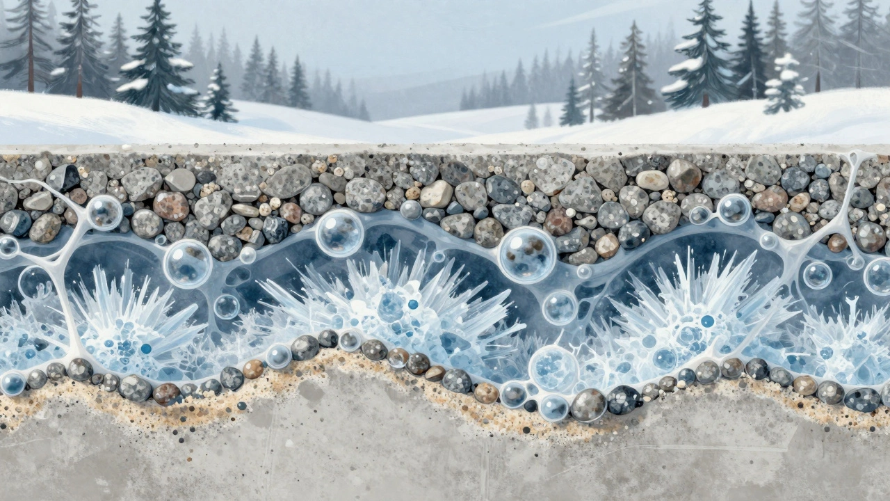 Микроструктура бетона с воздушными порами, защищающими его от разрушения при замерзании воды в суровом климате.