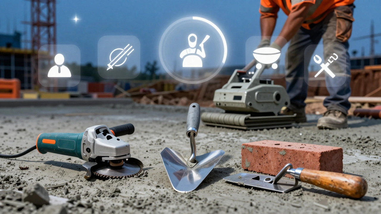 На закате рабочий выравнивает бетонную стяжку виброплитой, вокруг него разложены ключевые инструменты: болгарка, терка, плиткорез и мастерок.