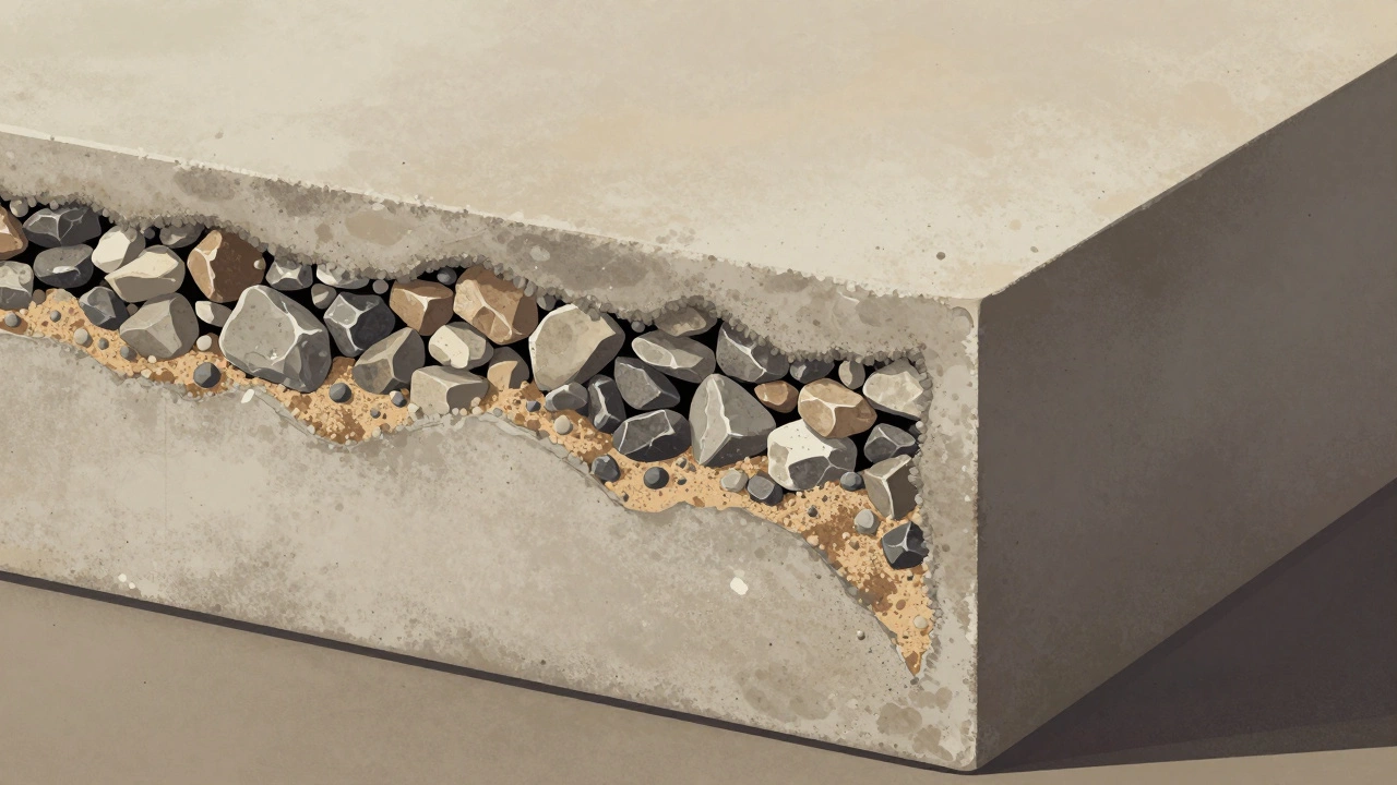 Разрез бетона, показывающий плотную структуру щебня и цементного камня без трещин и пустот.