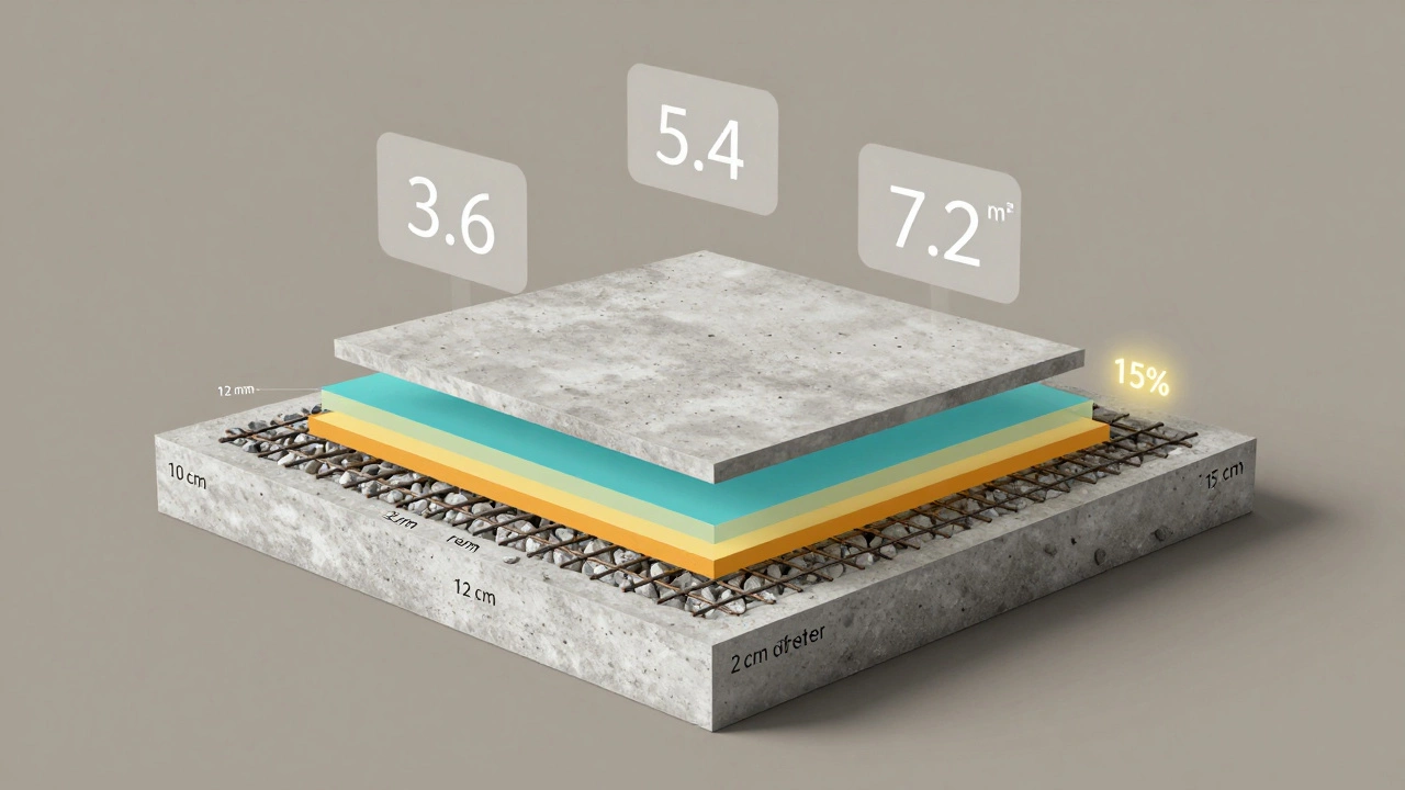 Разрез бетонной площадки с обозначенными слоями и объемами бетона: щебень, арматура, бетон.