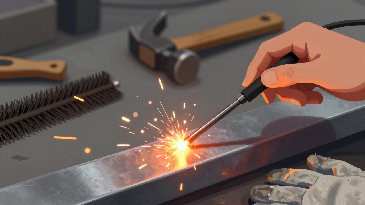 Рука зажигает дугу при сварке электродом, искры и расплавленный металл в воздухе.