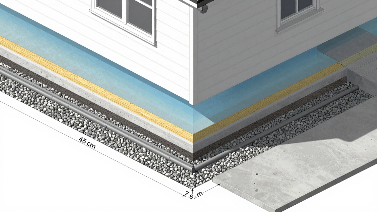 Схема ленточного фундамента с указанием высоты 45 см, отмостки и глубины заложения ниже уровня промерзания.