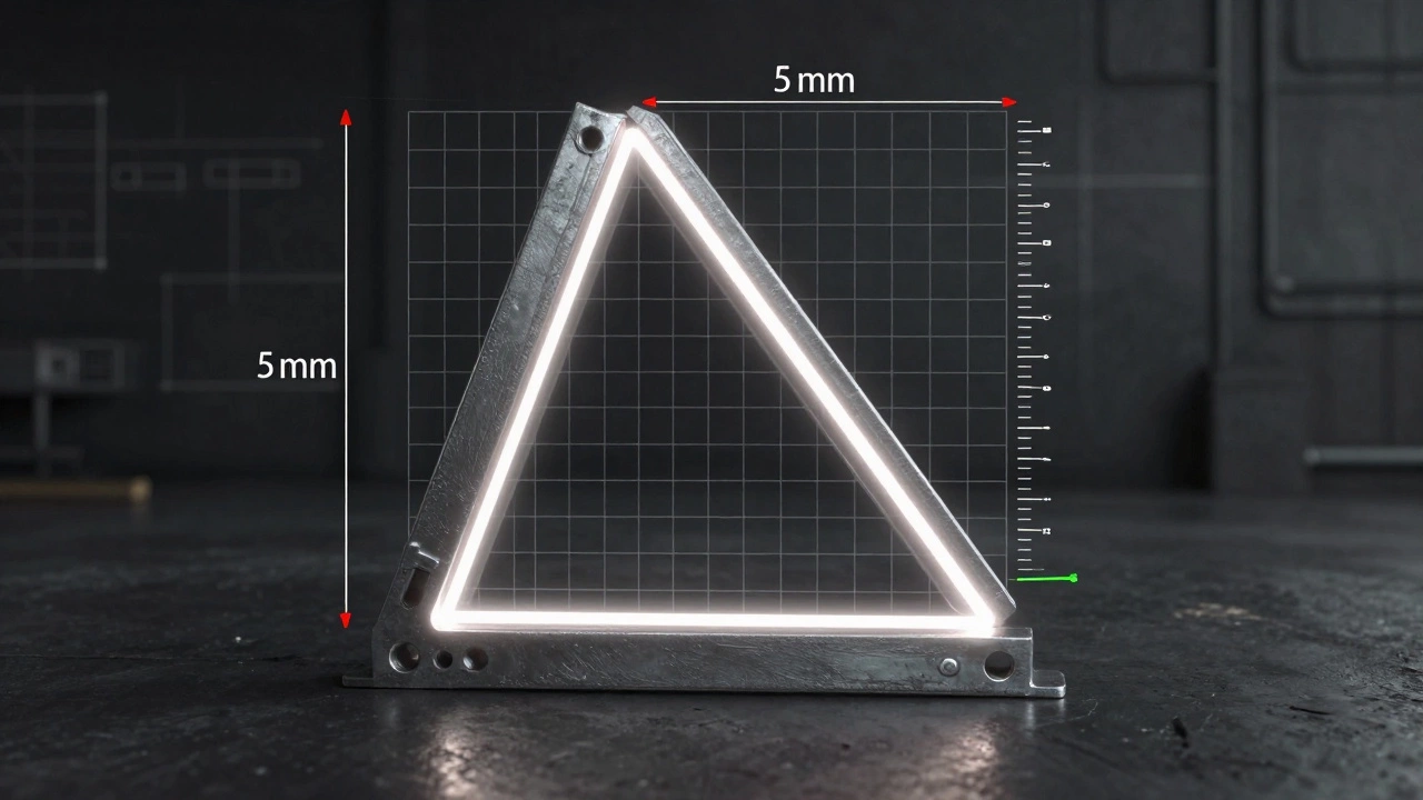 Схема углового шва с обозначенным катетом 5 мм и ошибками измерения в цвете.