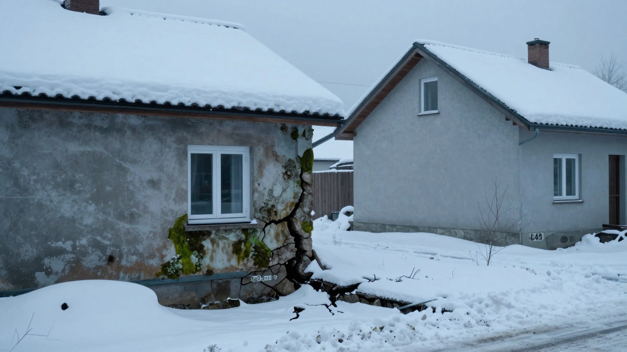 Сравнение: дом с высоким фундаментом 70 см с трещинами и плесенью против устойчивого дома с 45 см фундаментом.