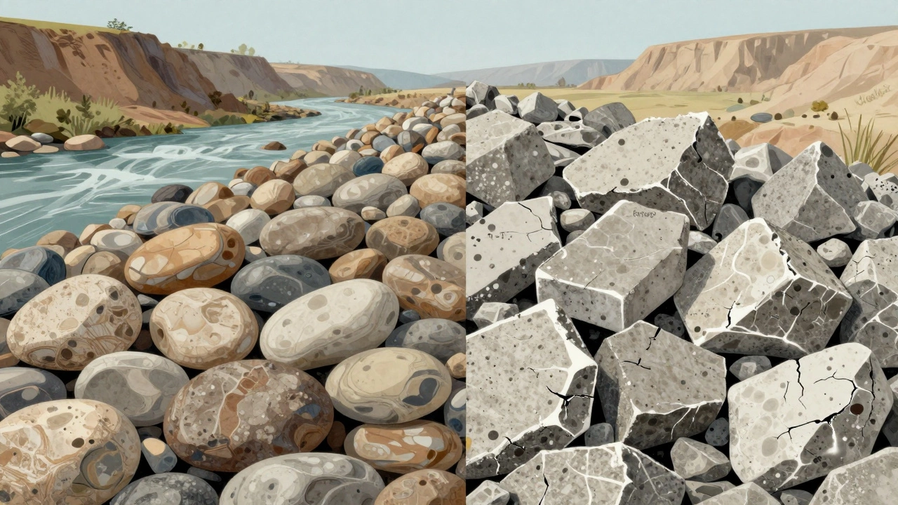 Сравнение натурального гравия и вторичного щебня: гладкие камни слева и шероховатые с цементной пленкой — справа.