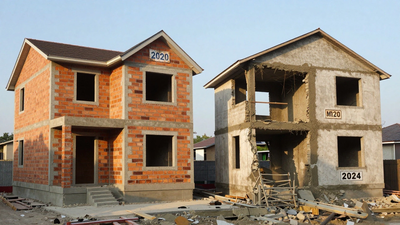 Сравнение прочного дома на цементе 42.5 и разрушающегося здания из устаревшего цемента.