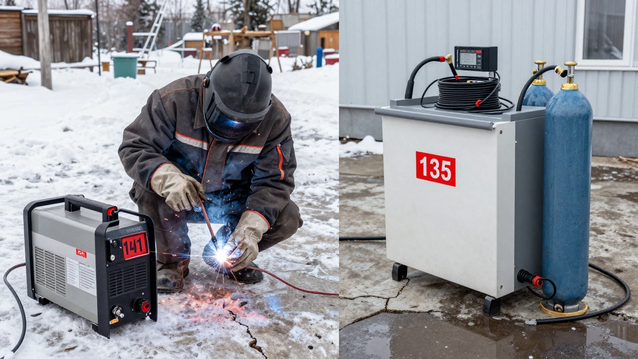 Сравнение ручной сварки электродом и полуавтомата на фоне снежного двора и современного оборудования.