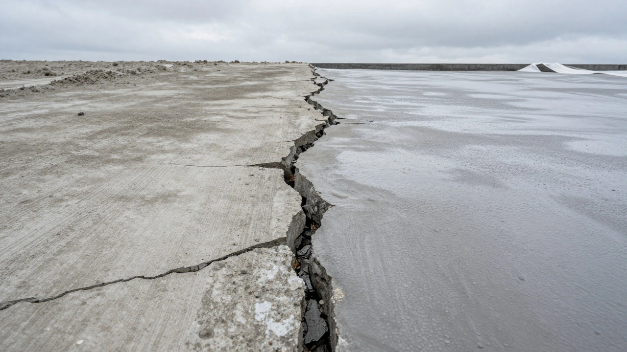 Сравнение треснувшего и прочного бетона: один сухой и разрушающийся, другой укрыт пленкой и увлажнён.