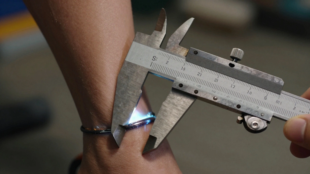 Штангенциркуль измеряет перпендикулярное расстояние от угла стыка до вершины сварного шва.