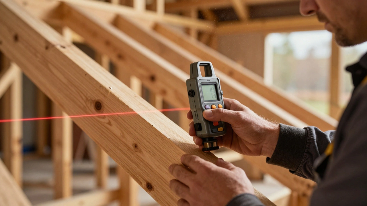 Строитель измеряет угол наклона стропил с помощью угломера на деревянной ферме.