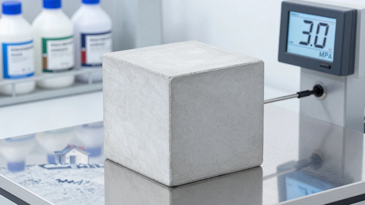Тест-кубик бетона М300 на прочность, показывающий 30 МПа, с маркированными добавками на заднем плане.