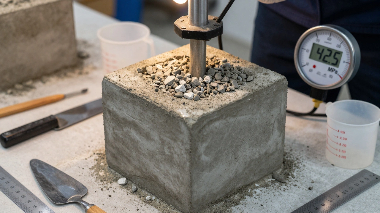 Тестирование бетонного куба под давлением, цифровой индикатор показывает 42.5 МПа.