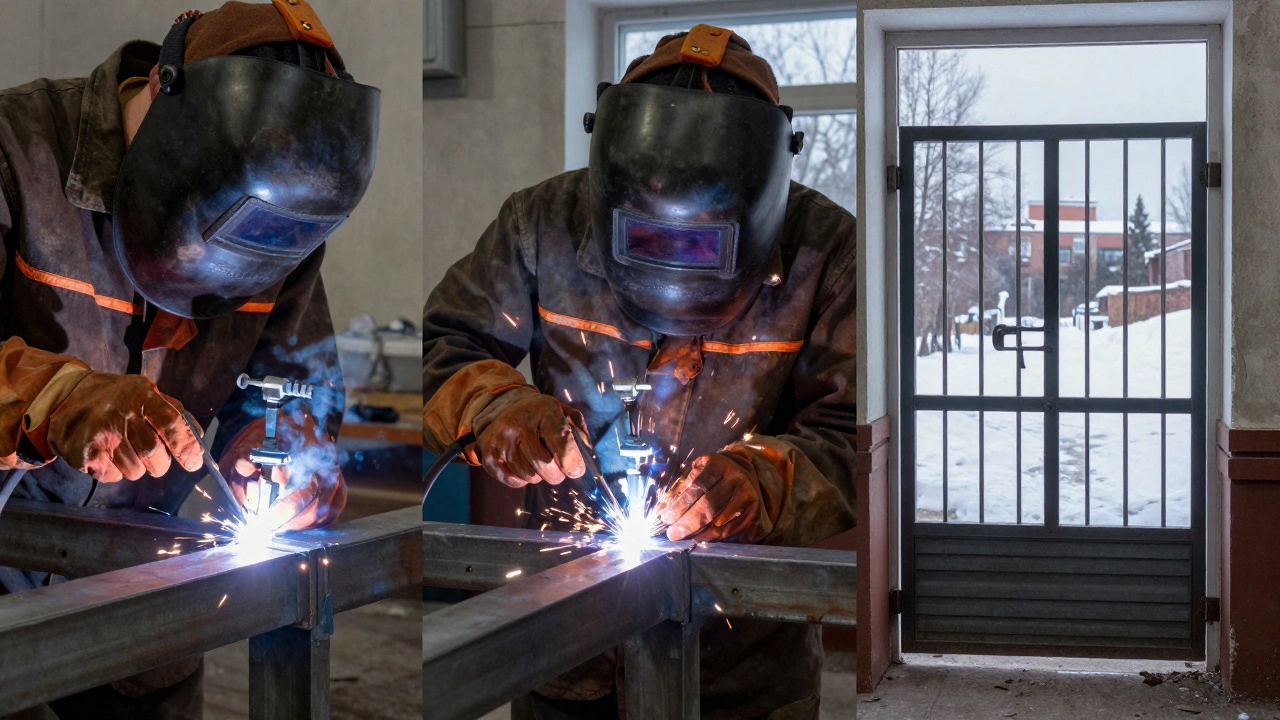 Три этапа обучения сварке: неуверенность, процесс и результат — прочный шов на воротах.