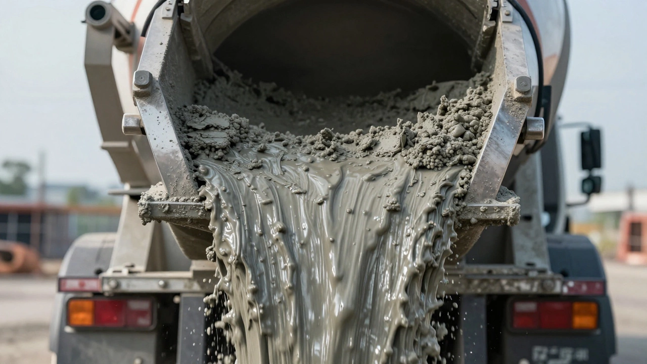 Крупный план выгрузки свежего бетона из лотка автобетономешалки