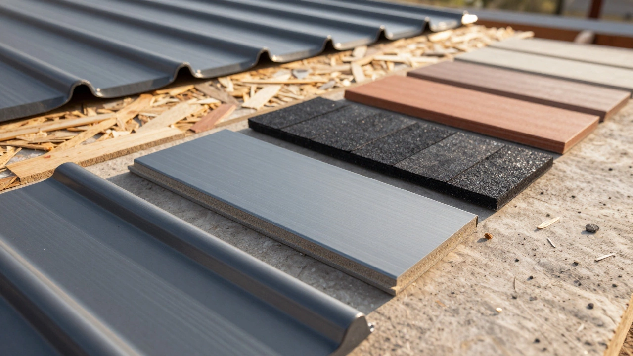 Образцы металлочерепицы и мягкой кровли на фоне строящегося дома