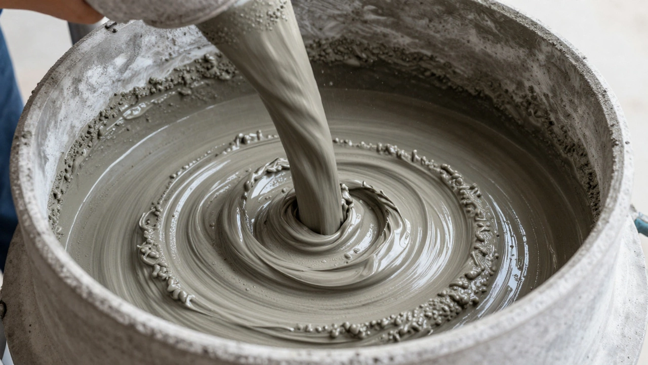 Процесс перемешивания однородного бетонного раствора в бетономешалке