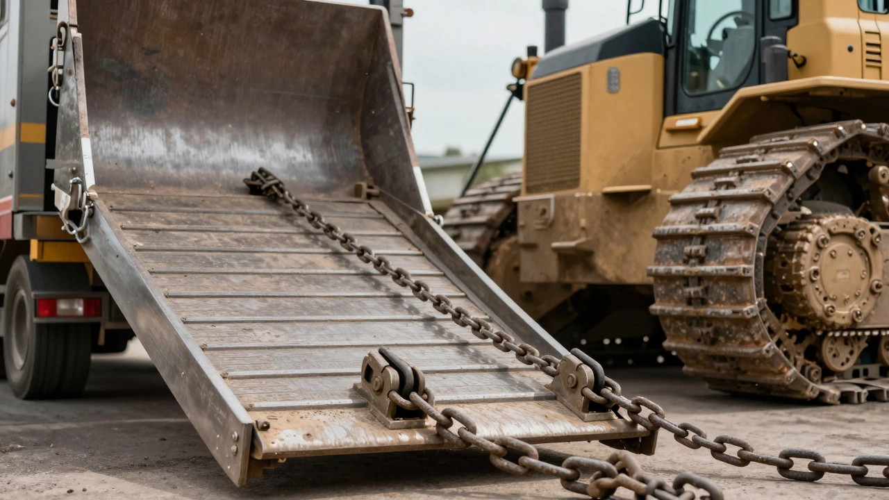 Процесс погрузки бульдозера на платформу трала с использованием аппарелей и цепей