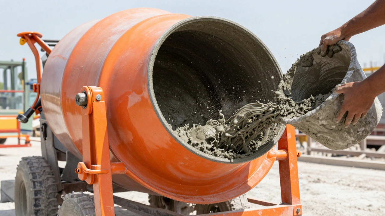 Процесс замешивания бетона в бетономешалке