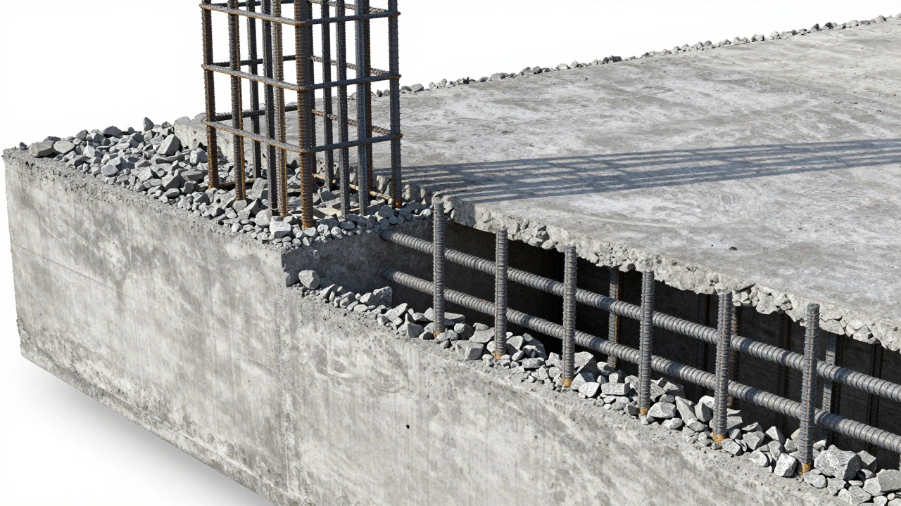 Сечение армированного бетонного фундамента с арматурой