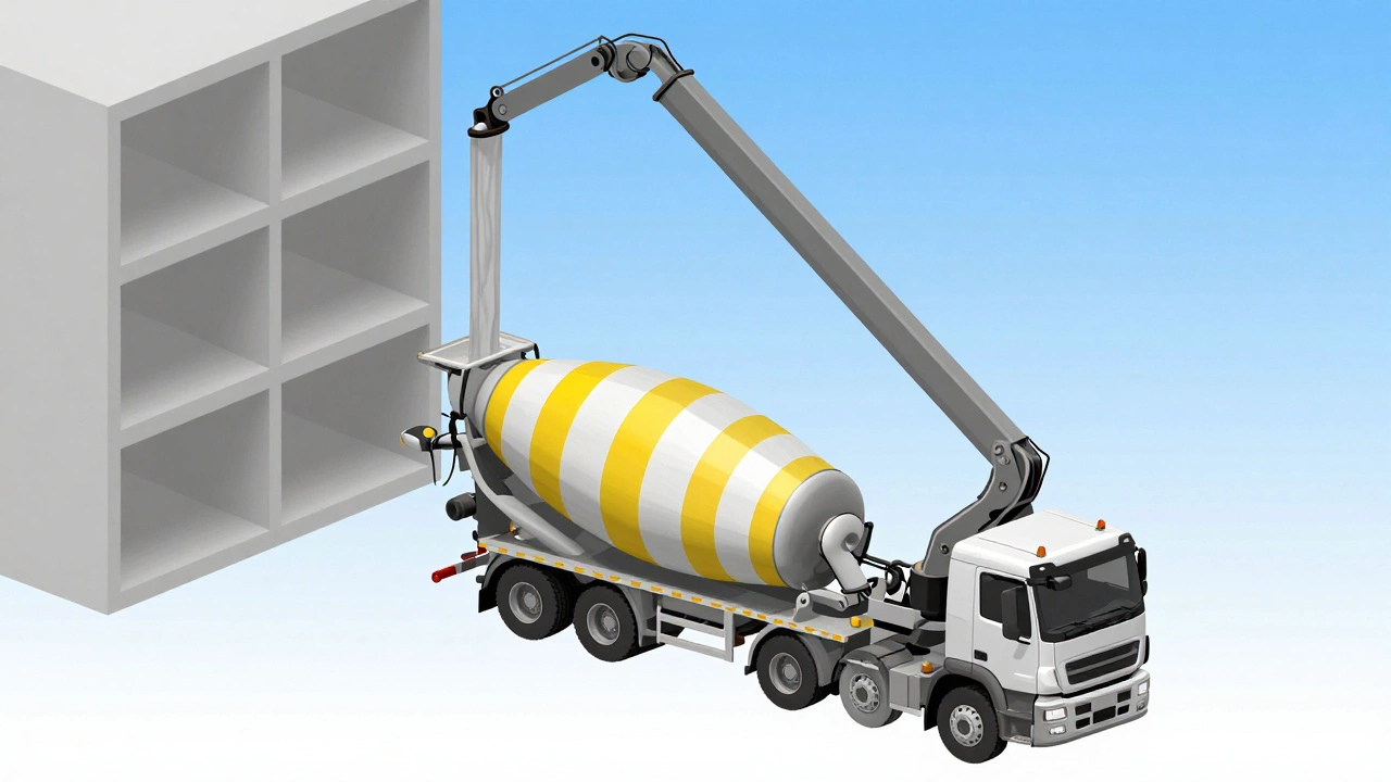 Схема работы автобетономешалки и бетононасоса при заливке многоэтажного здания