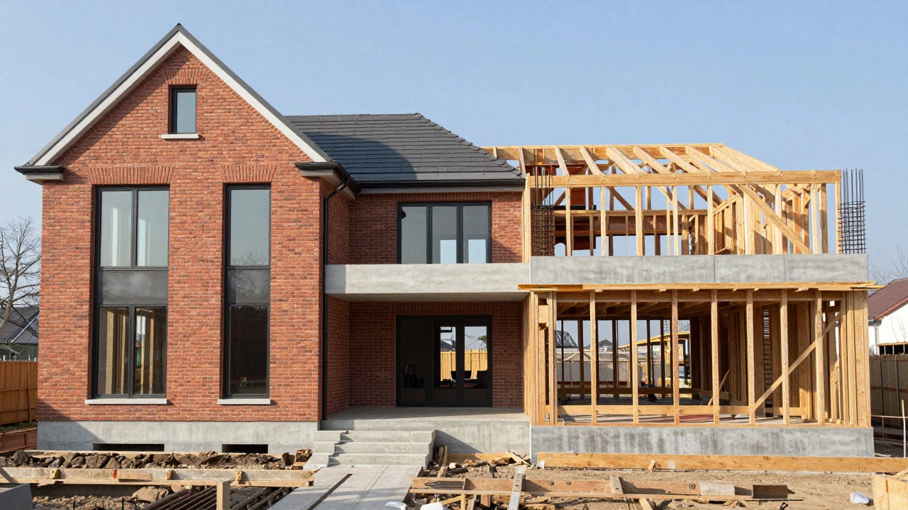 Сравнение внешнего фасада дома и его внутреннего бетонного каркаса с арматурой