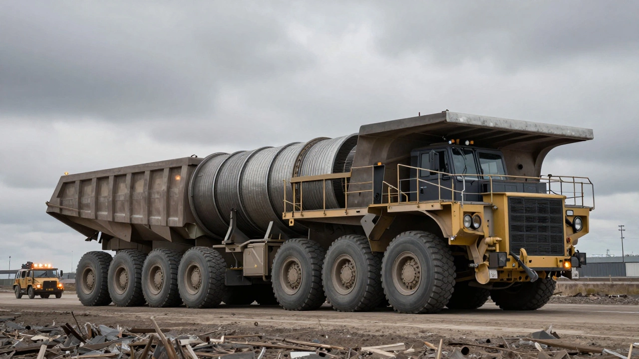 Сверхтяжелый модульный прицеп перевозит огромный промышленный груз в сопровождении