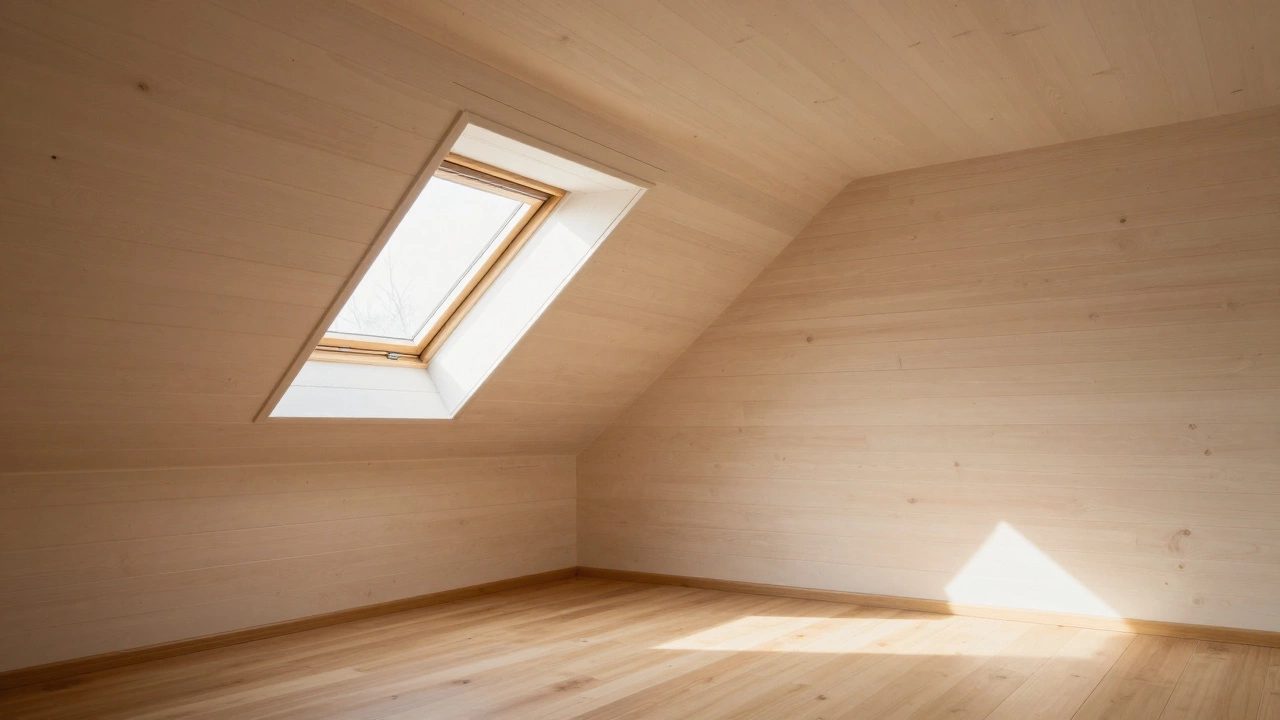 Светлая мансарда с высоким потолком в коньке, где удобно стоять в полный рост