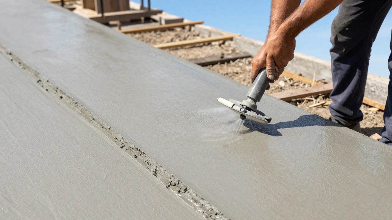Заливка и уплотнение бетонного фундамента с поливом водой для прочности