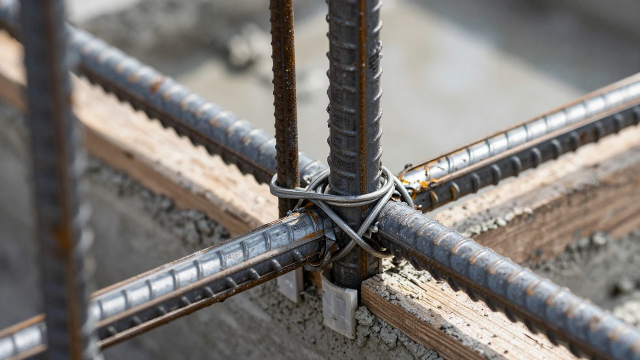 Close-up of tied steel rebar cage inside concrete formwork