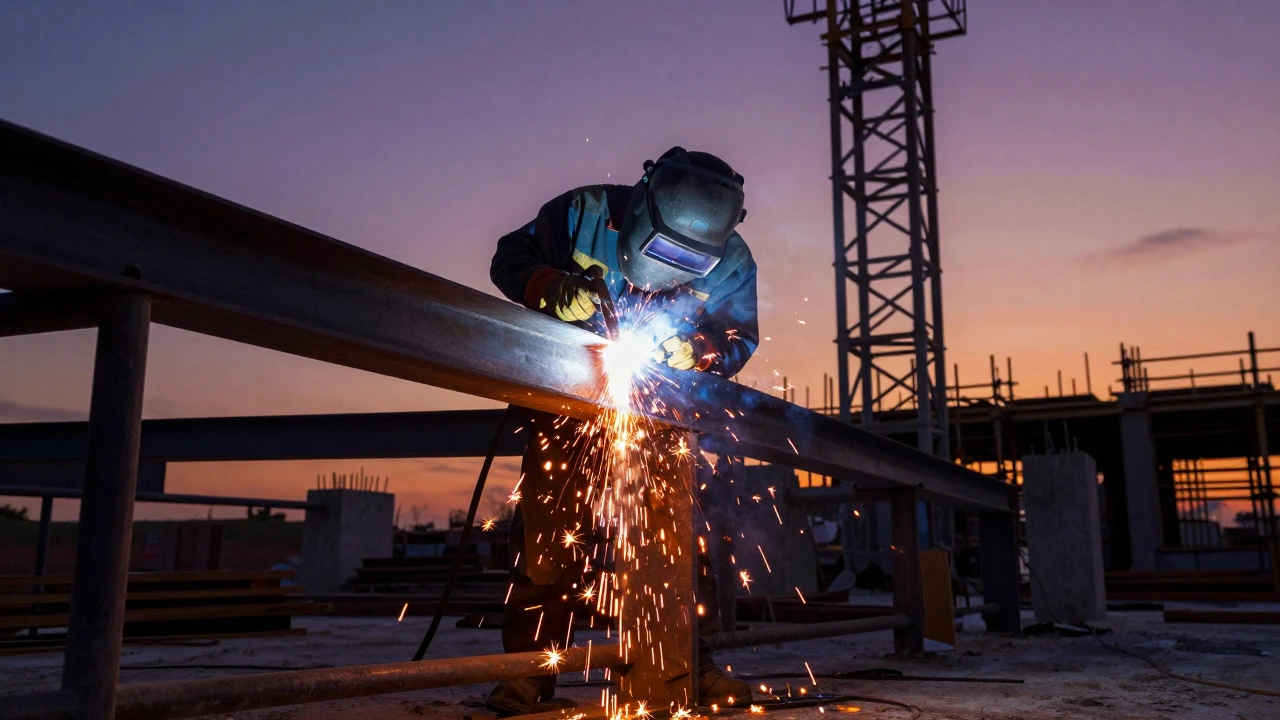 Welder working on a steel beam at a construction site during sunset