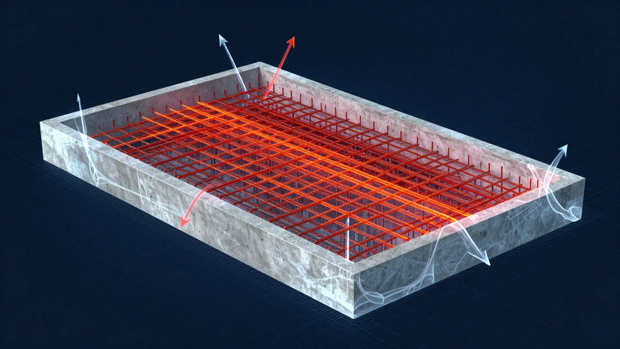 X-ray style illustration of stress forces in reinforced concrete